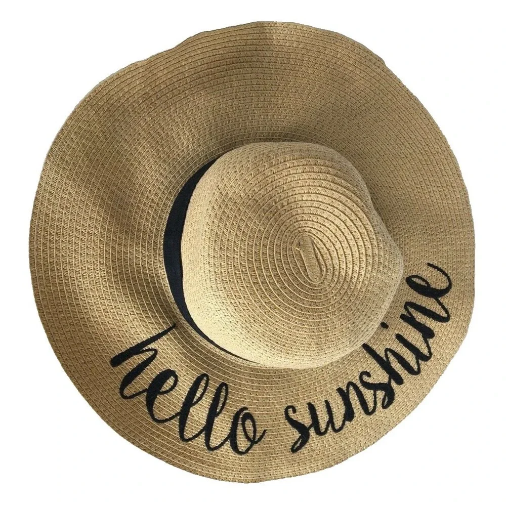 NEW Sun Hat CC Creations Beach Straw Embroidered 
